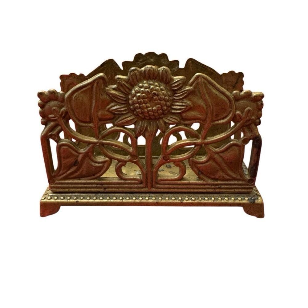 Wildflower Sunflower Brass Letter Rack Napkin Holder Vintage Mid Century Modern